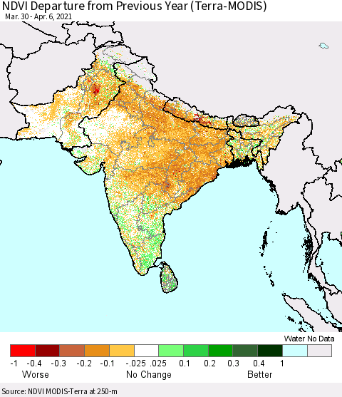 Southern Asia NDVI Departure from Previous Year (Terra-MODIS) Thematic Map For 3/30/2021 - 4/6/2021