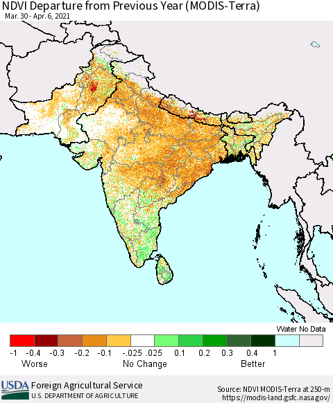 Southern Asia NDVI Departure from Previous Year (MODIS-Terra) Thematic Map For 4/1/2021 - 4/10/2021