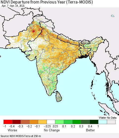 Southern Asia NDVI Departure from Previous Year (Terra-MODIS) Thematic Map For 4/7/2021 - 4/14/2021