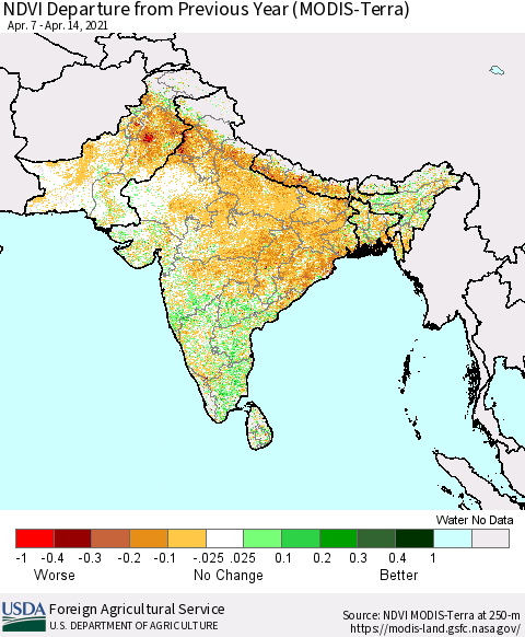 Southern Asia NDVI Departure from Previous Year (Terra-MODIS) Thematic Map For 4/11/2021 - 4/20/2021
