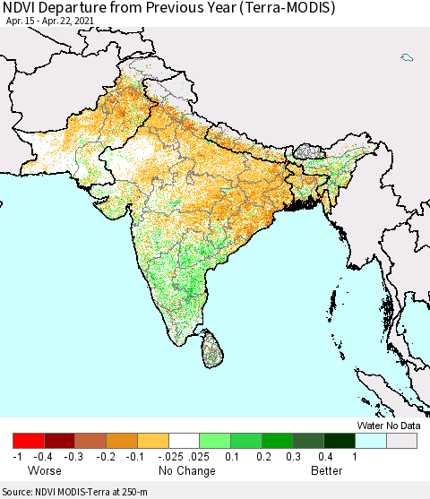Southern Asia NDVI Departure from Previous Year (Terra-MODIS) Thematic Map For 4/15/2021 - 4/22/2021