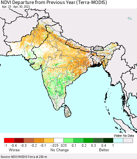 Southern Asia NDVI Departure from Previous Year (Terra-MODIS) Thematic Map For 4/21/2021 - 4/30/2021