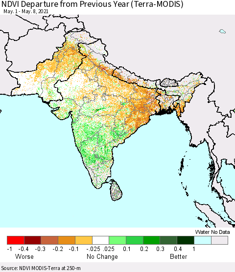 Southern Asia NDVI Departure from Previous Year (Terra-MODIS) Thematic Map For 5/1/2021 - 5/8/2021