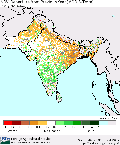Southern Asia NDVI Departure from Previous Year (Terra-MODIS) Thematic Map For 5/1/2021 - 5/10/2021