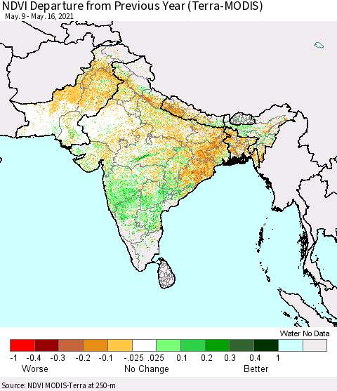 Southern Asia NDVI Departure from Previous Year (Terra-MODIS) Thematic Map For 5/9/2021 - 5/16/2021