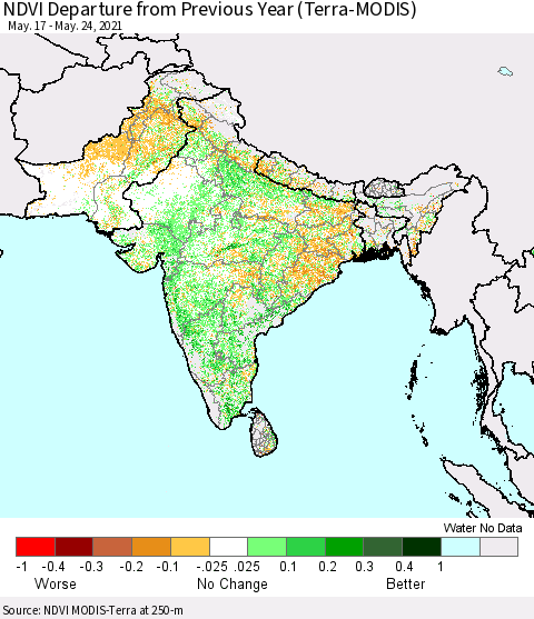 Southern Asia NDVI Departure from Previous Year (Terra-MODIS) Thematic Map For 5/17/2021 - 5/24/2021