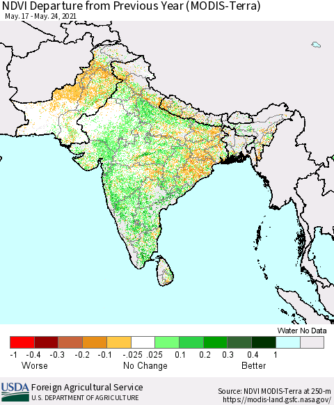Southern Asia NDVI Departure from Previous Year (Terra-MODIS) Thematic Map For 5/21/2021 - 5/31/2021