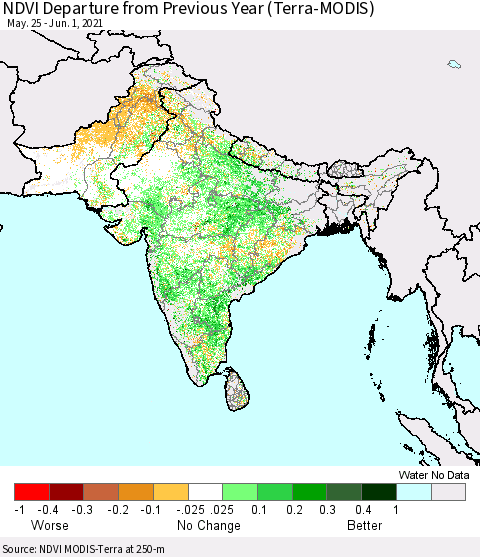 Southern Asia NDVI Departure from Previous Year (Terra-MODIS) Thematic Map For 5/25/2021 - 6/1/2021