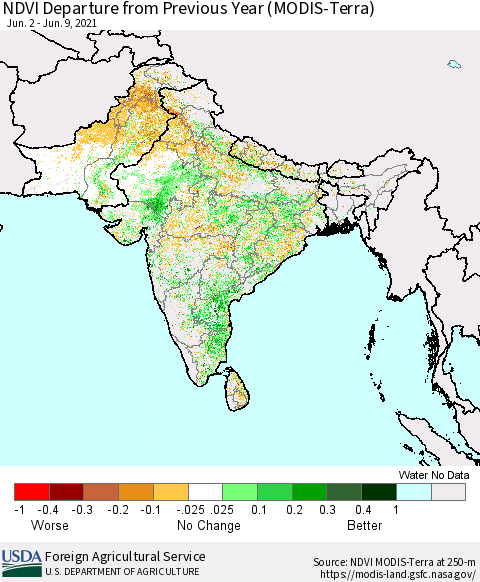 Southern Asia NDVI Departure from Previous Year (Terra-MODIS) Thematic Map For 6/1/2021 - 6/10/2021