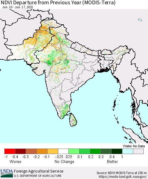 Southern Asia NDVI Departure from Previous Year (Terra-MODIS) Thematic Map For 6/11/2021 - 6/20/2021