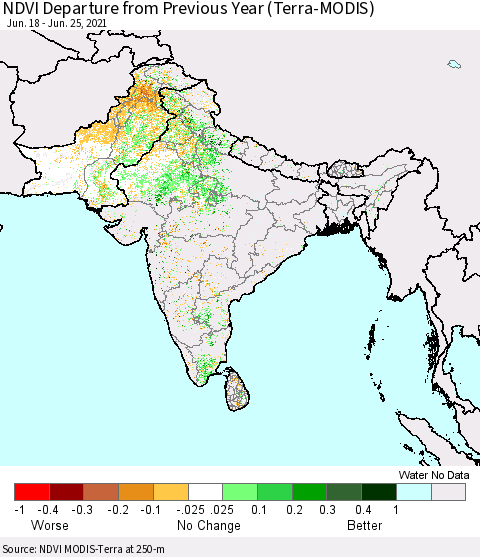 Southern Asia NDVI Departure from Previous Year (Terra-MODIS) Thematic Map For 6/18/2021 - 6/25/2021