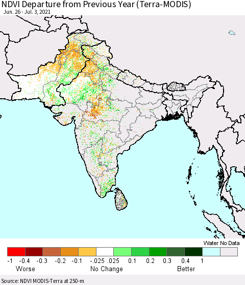 Southern Asia NDVI Departure from Previous Year (Terra-MODIS) Thematic Map For 6/26/2021 - 7/3/2021