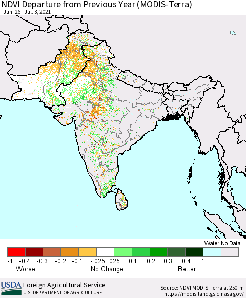 Southern Asia NDVI Departure from Previous Year (Terra-MODIS) Thematic Map For 7/1/2021 - 7/10/2021