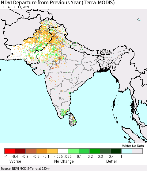 Southern Asia NDVI Departure from Previous Year (Terra-MODIS) Thematic Map For 7/4/2021 - 7/11/2021