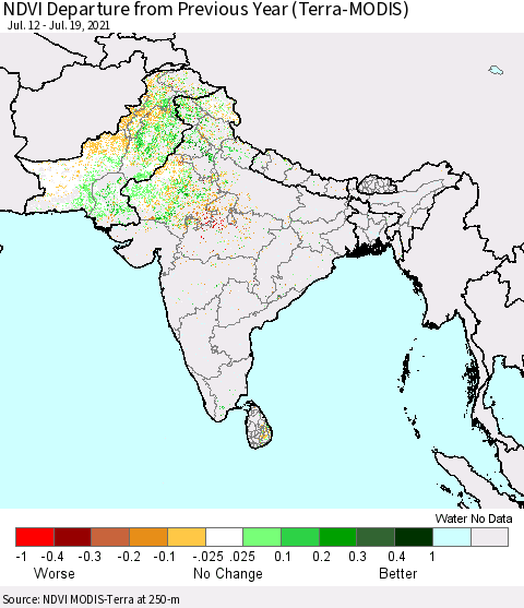 Southern Asia NDVI Departure from Previous Year (Terra-MODIS) Thematic Map For 7/12/2021 - 7/19/2021