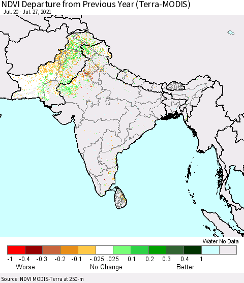 Southern Asia NDVI Departure from Previous Year (Terra-MODIS) Thematic Map For 7/20/2021 - 7/27/2021