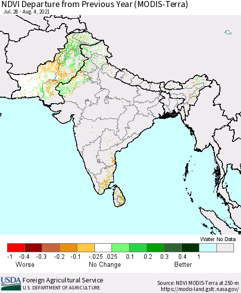 Southern Asia NDVI Departure from Previous Year (Terra-MODIS) Thematic Map For 8/1/2021 - 8/10/2021