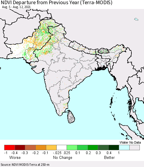 Southern Asia NDVI Departure from Previous Year (Terra-MODIS) Thematic Map For 8/5/2021 - 8/12/2021