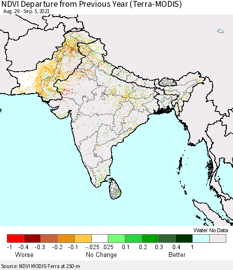 Southern Asia NDVI Departure from Previous Year (Terra-MODIS) Thematic Map For 8/29/2021 - 9/5/2021