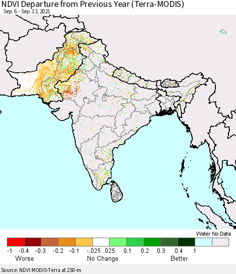 Southern Asia NDVI Departure from Previous Year (Terra-MODIS) Thematic Map For 9/6/2021 - 9/13/2021