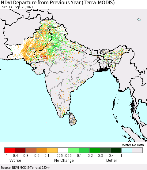 Southern Asia NDVI Departure from Previous Year (Terra-MODIS) Thematic Map For 9/14/2021 - 9/21/2021