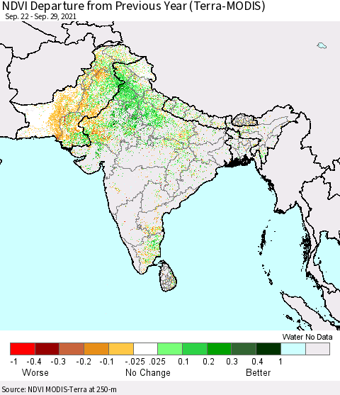 Southern Asia NDVI Departure from Previous Year (Terra-MODIS) Thematic Map For 9/22/2021 - 9/29/2021