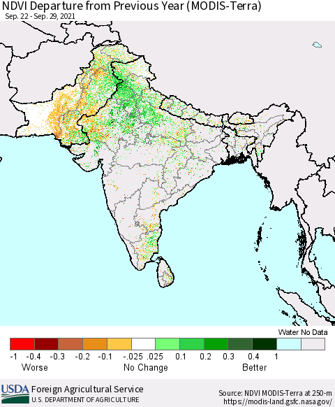 Southern Asia NDVI Departure from Previous Year (Terra-MODIS) Thematic Map For 9/21/2021 - 9/30/2021