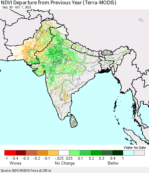 Southern Asia NDVI Departure from Previous Year (Terra-MODIS) Thematic Map For 9/30/2021 - 10/7/2021