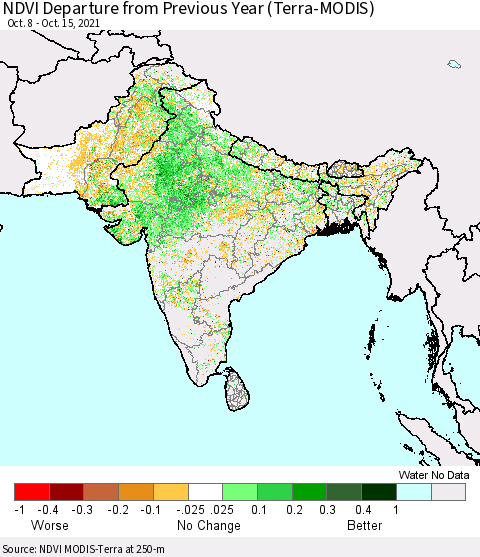 Southern Asia NDVI Departure from Previous Year (Terra-MODIS) Thematic Map For 10/8/2021 - 10/15/2021