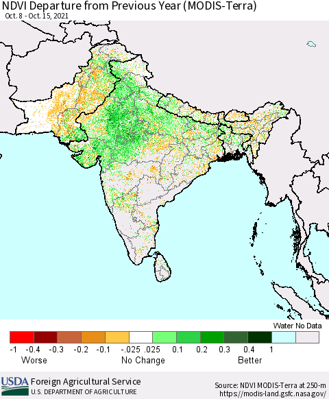 Southern Asia NDVI Departure from Previous Year (MODIS-Terra) Thematic Map For 10/11/2021 - 10/20/2021