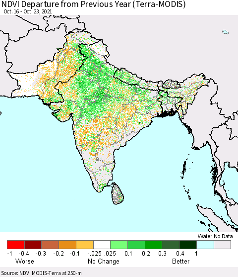 Southern Asia NDVI Departure from Previous Year (Terra-MODIS) Thematic Map For 10/16/2021 - 10/23/2021