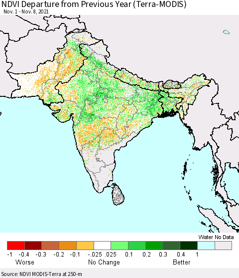 Southern Asia NDVI Departure from Previous Year (Terra-MODIS) Thematic Map For 11/1/2021 - 11/8/2021
