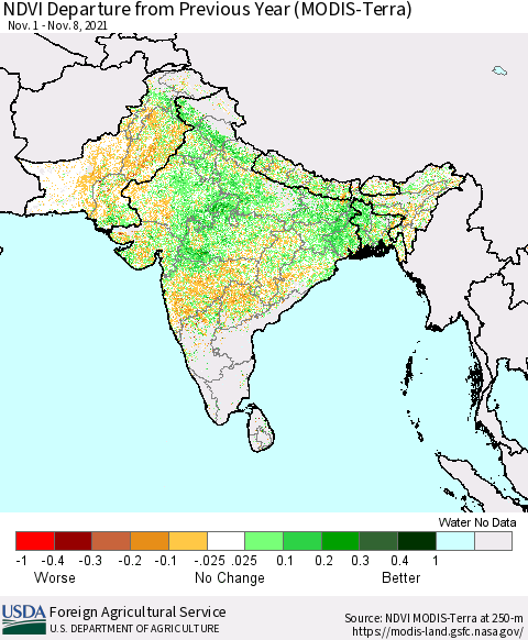 Southern Asia NDVI Departure from Previous Year (Terra-MODIS) Thematic Map For 11/1/2021 - 11/10/2021