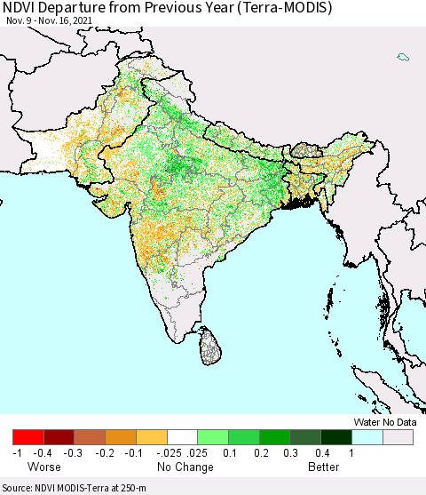 Southern Asia NDVI Departure from Previous Year (Terra-MODIS) Thematic Map For 11/9/2021 - 11/16/2021