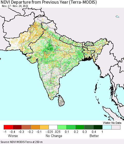 Southern Asia NDVI Departure from Previous Year (Terra-MODIS) Thematic Map For 11/17/2021 - 11/24/2021