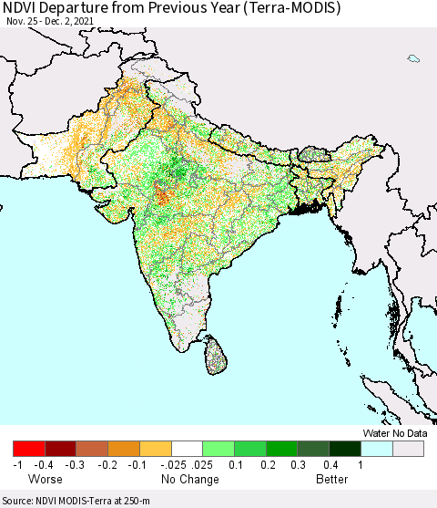 Southern Asia NDVI Departure from Previous Year (Terra-MODIS) Thematic Map For 11/25/2021 - 12/2/2021