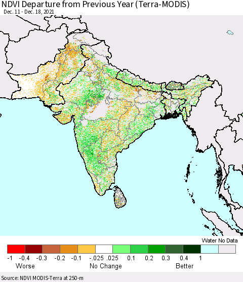 Southern Asia NDVI Departure from Previous Year (Terra-MODIS) Thematic Map For 12/11/2021 - 12/18/2021