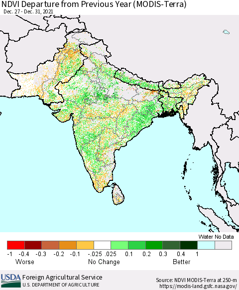 Southern Asia NDVI Departure from Previous Year (MODIS-Terra) Thematic Map For 12/21/2021 - 12/31/2021