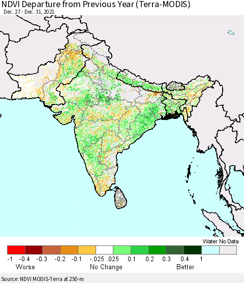 Southern Asia NDVI Departure from Previous Year (Terra-MODIS) Thematic Map For 12/26/2021 - 1/2/2022
