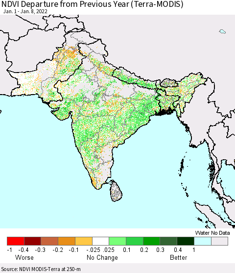 Southern Asia NDVI Departure from Previous Year (Terra-MODIS) Thematic Map For 1/1/2022 - 1/8/2022