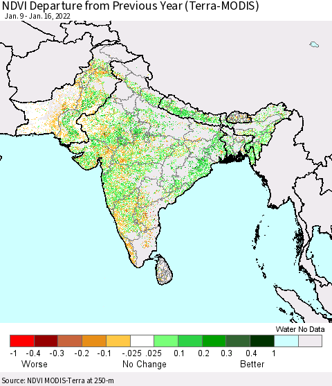 Southern Asia NDVI Departure from Previous Year (Terra-MODIS) Thematic Map For 1/9/2022 - 1/16/2022