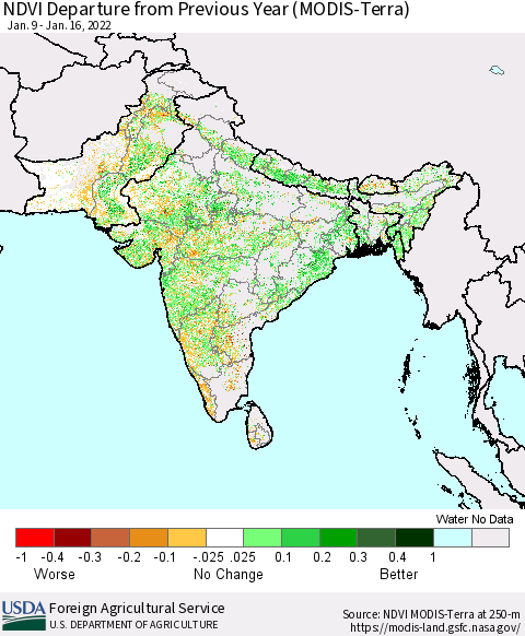 Southern Asia NDVI Departure from Previous Year (MODIS-Terra) Thematic Map For 1/11/2022 - 1/20/2022