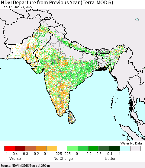 Southern Asia NDVI Departure from Previous Year (Terra-MODIS) Thematic Map For 1/17/2022 - 1/24/2022