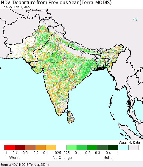 Southern Asia NDVI Departure from Previous Year (Terra-MODIS) Thematic Map For 1/25/2022 - 2/1/2022