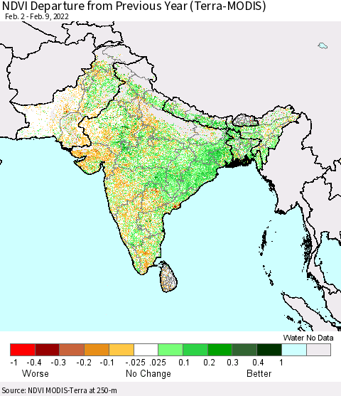 Southern Asia NDVI Departure from Previous Year (Terra-MODIS) Thematic Map For 2/2/2022 - 2/9/2022