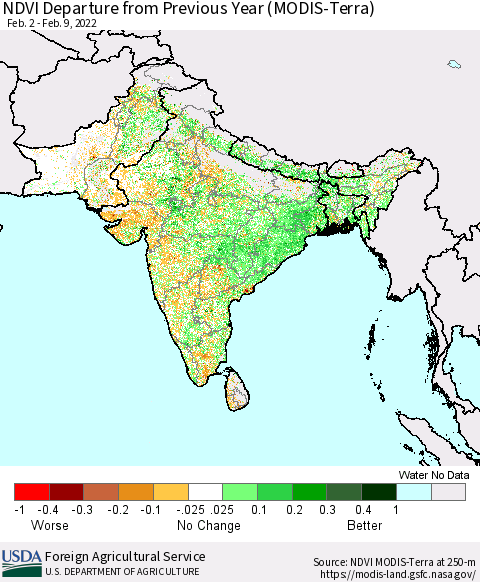 Southern Asia NDVI Departure from Previous Year (Terra-MODIS) Thematic Map For 2/1/2022 - 2/10/2022