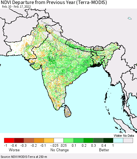 Southern Asia NDVI Departure from Previous Year (Terra-MODIS) Thematic Map For 2/10/2022 - 2/17/2022