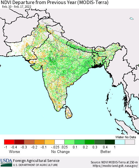 Southern Asia NDVI Departure from Previous Year (Terra-MODIS) Thematic Map For 2/11/2022 - 2/20/2022