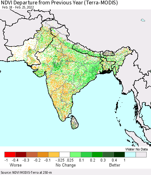 Southern Asia NDVI Departure from Previous Year (Terra-MODIS) Thematic Map For 2/18/2022 - 2/25/2022