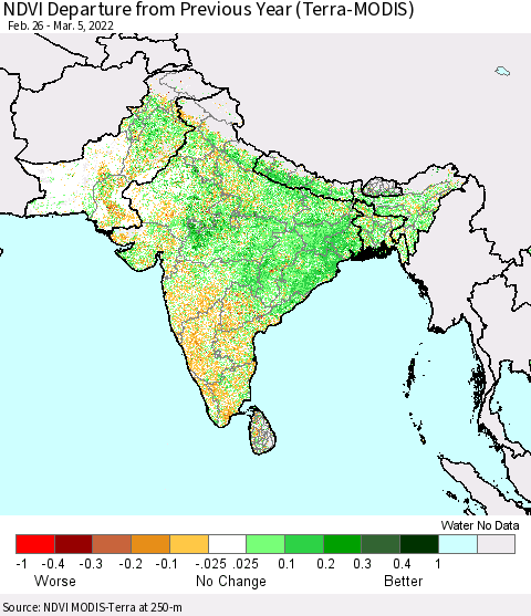 Southern Asia NDVI Departure from Previous Year (Terra-MODIS) Thematic Map For 2/26/2022 - 3/5/2022